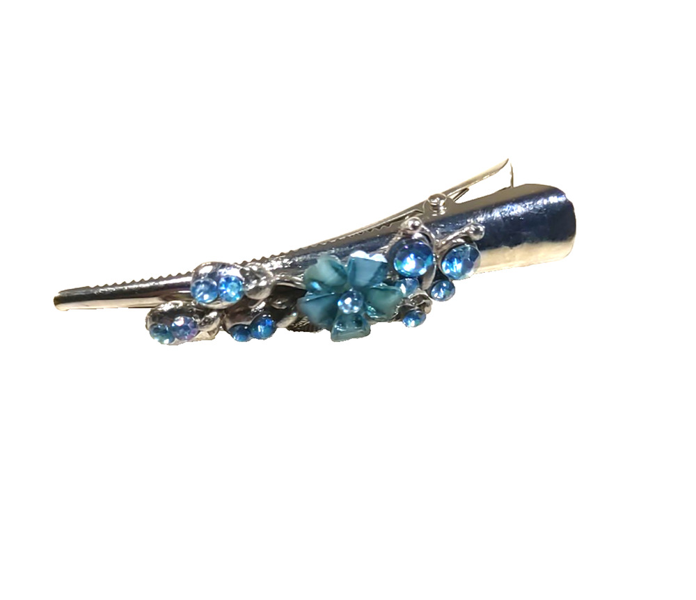 Alligator Clip Hair Barrette Blue Rhinestone Silver Tone Prom